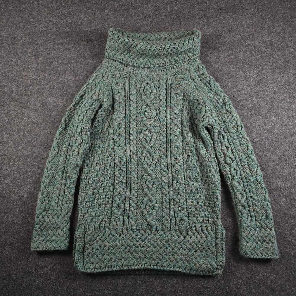 Aran Woollen Mills Wool Cowl Neck Sweater Speckled Green Cable Knit Women's XS
